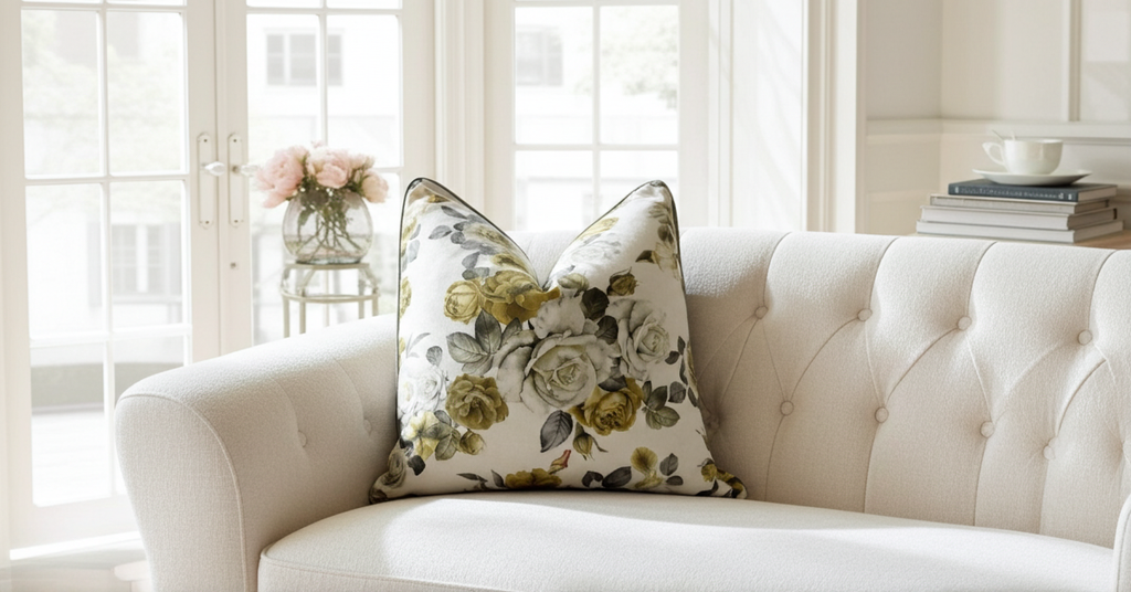 Scatter cushion with rose pattern fabric and elegant piping detail