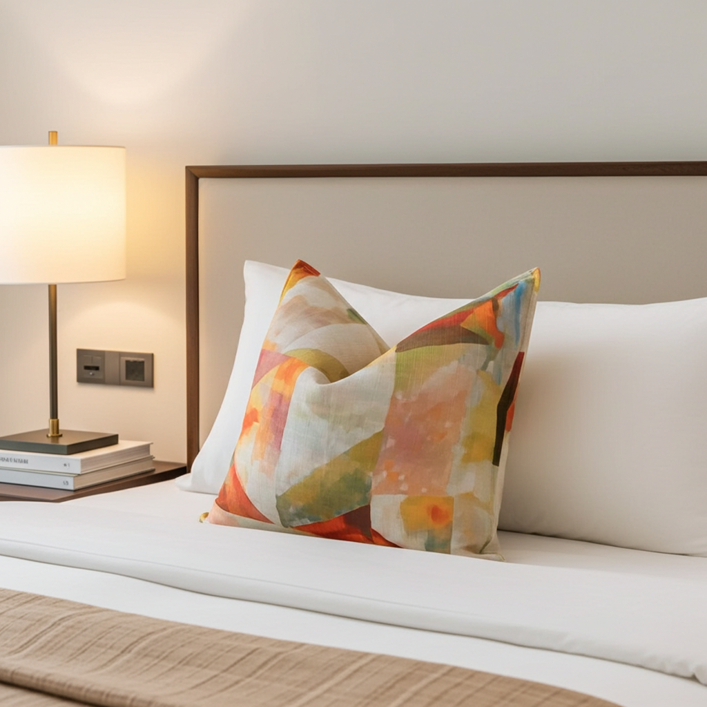 Scatter cushion size 60x60 in bright red yellow and orange colour fabric