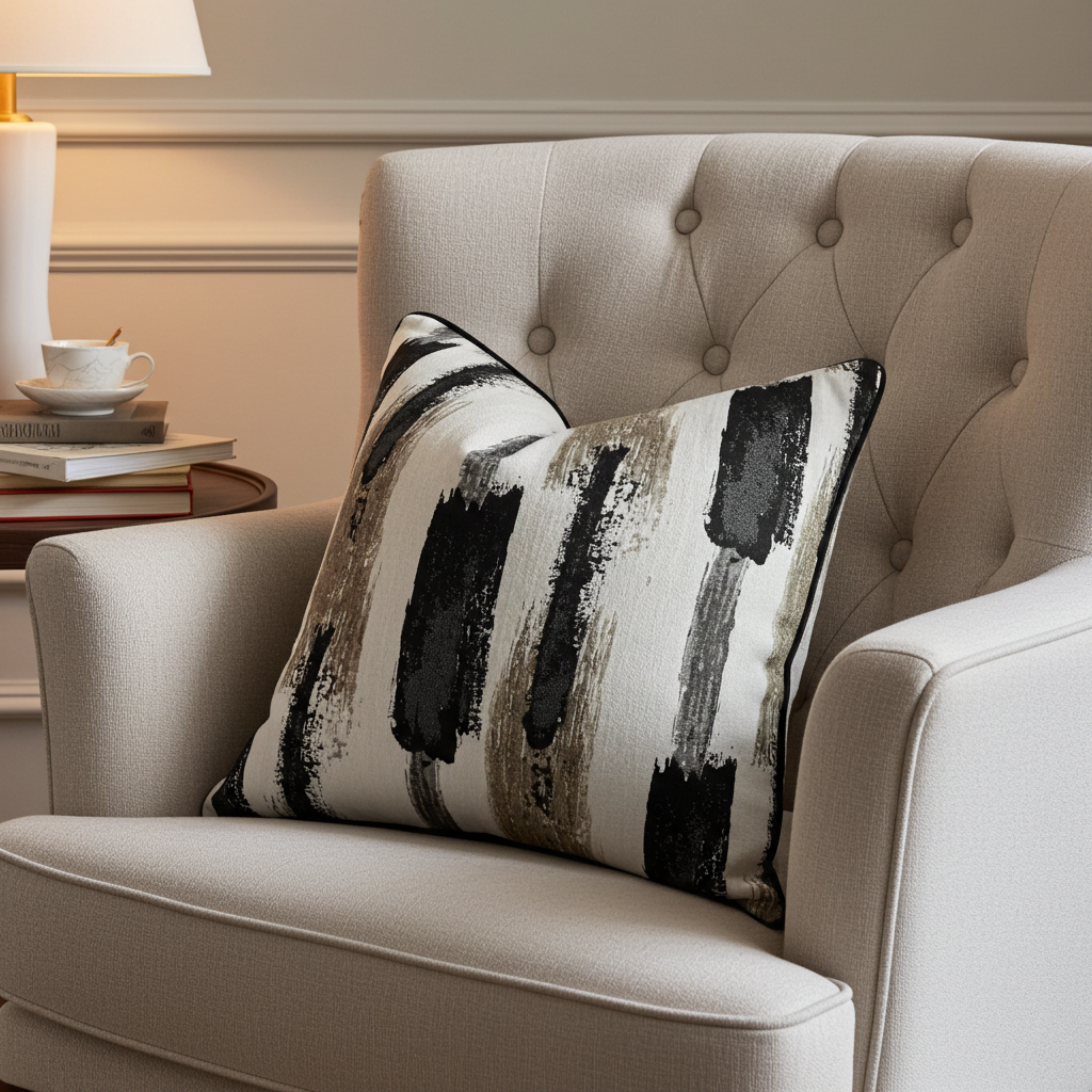 designer scatter cushion with piping detail and paint stroke pattern fabric