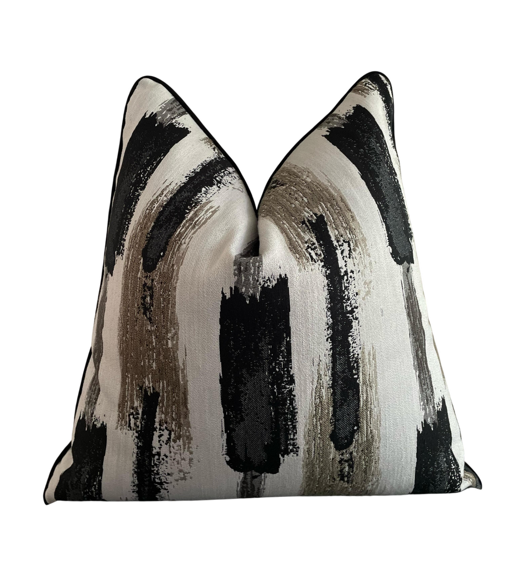 designer scatter cushion in size 60x60 in black and beige paint stroke fabric