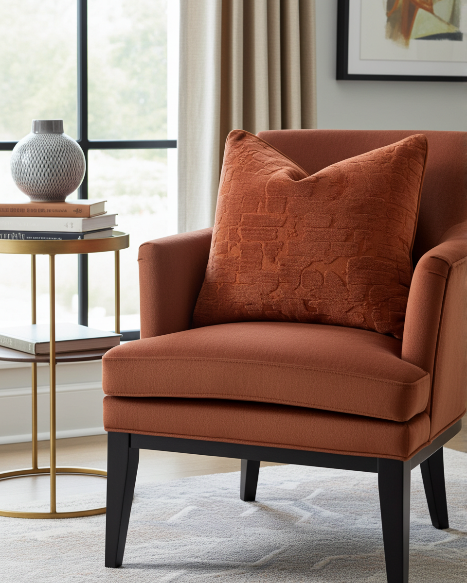 designer scatter cushion in luxury burnt orange fabric