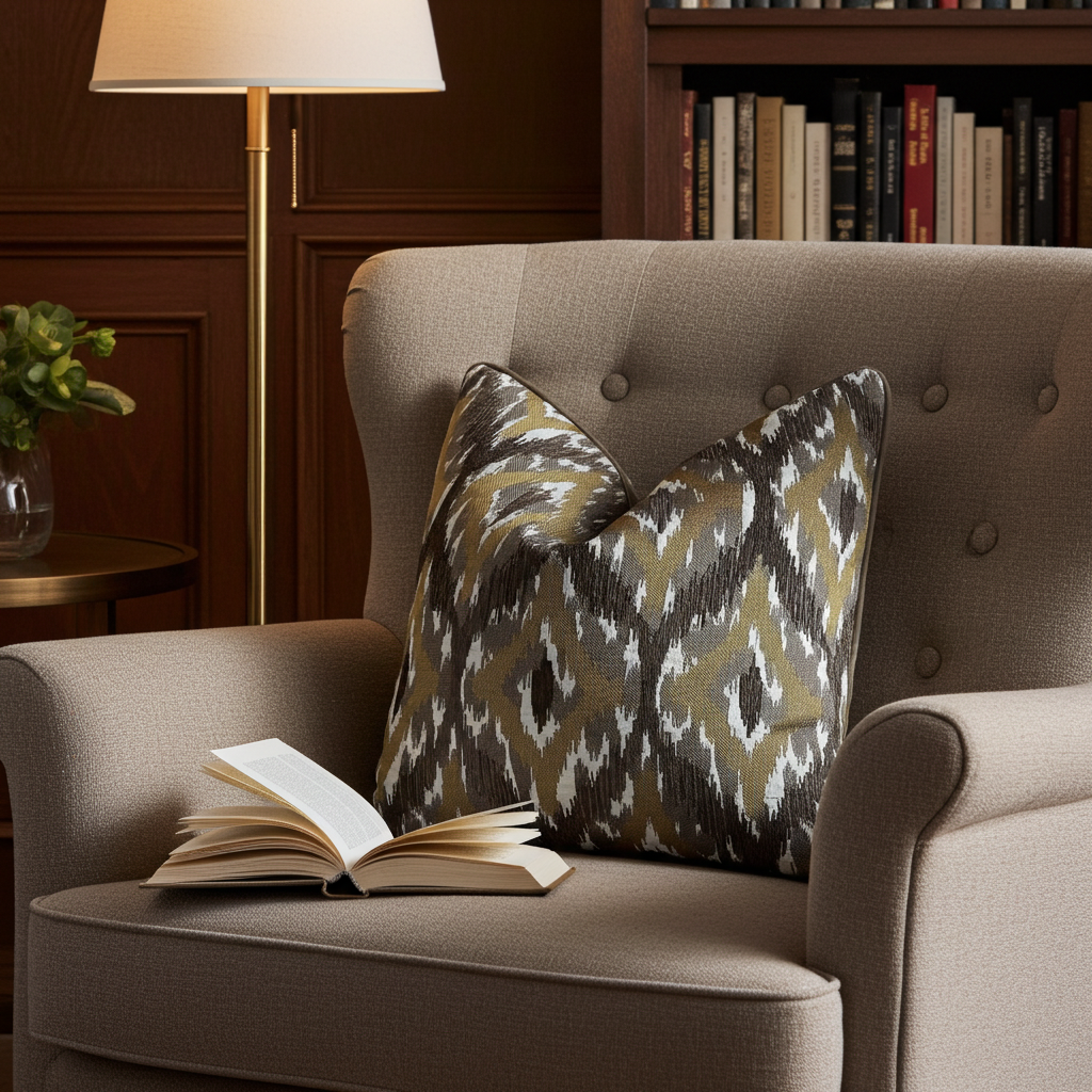 Designer scatter with piping detail in a patterned grey mustard fabric