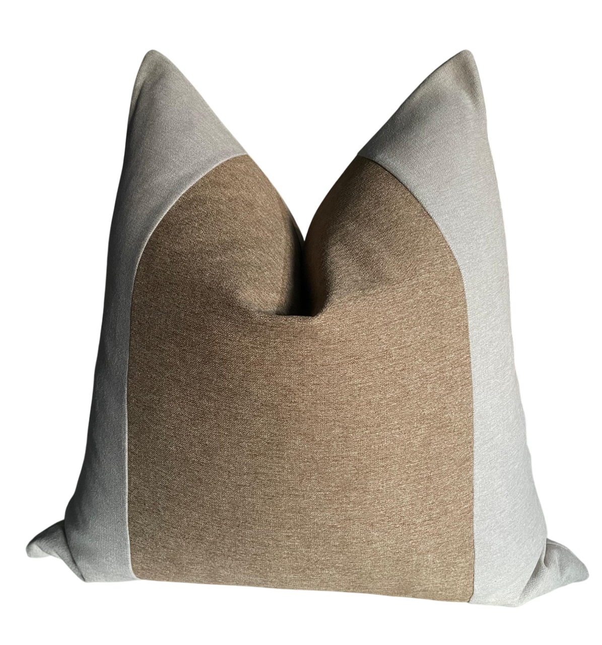 Designer scatter cushion in block design , luxe natural tone fabric in brown and beige colours.