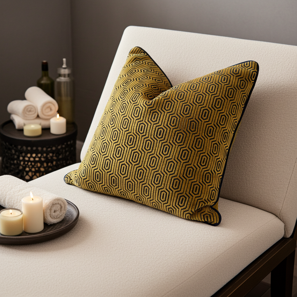 designer scatter cushion in thick textured luxury feel fabric, gold and grey tones. Elegant piping on scatter cushion