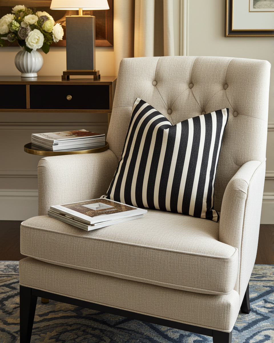 luxury scatter in elegant black and white striped fabric
