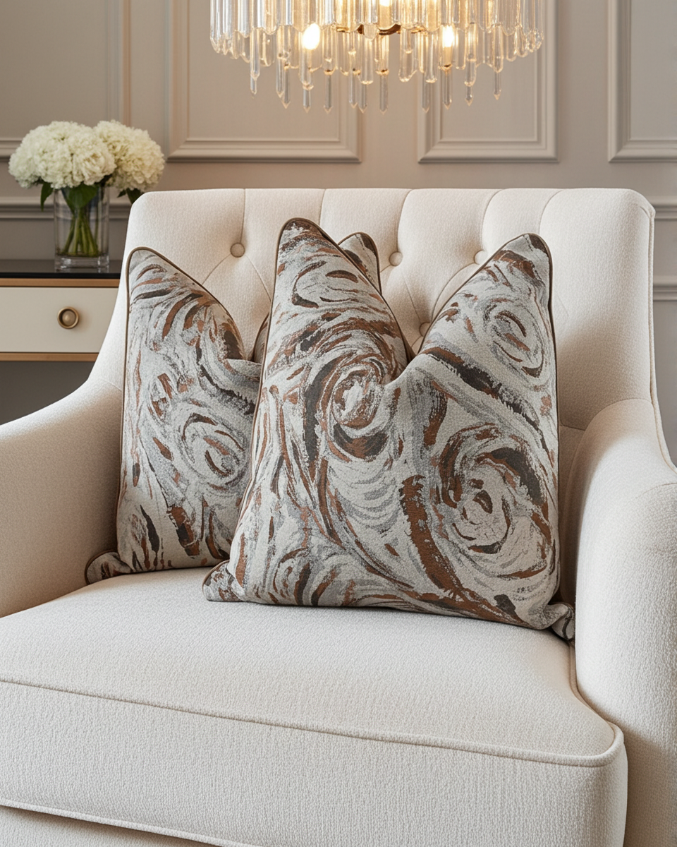 Scatter cushion size 60x60 in a marbled brown grey and white pattern fabric