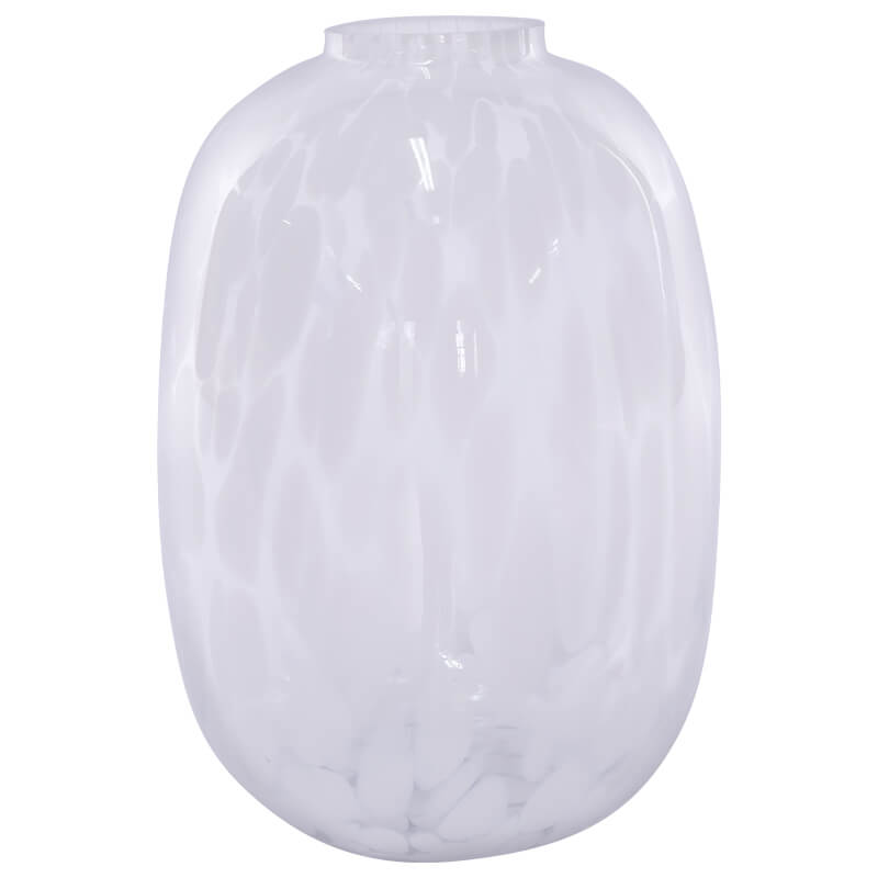 Oval shaped glass vase with white speckles and detailing.