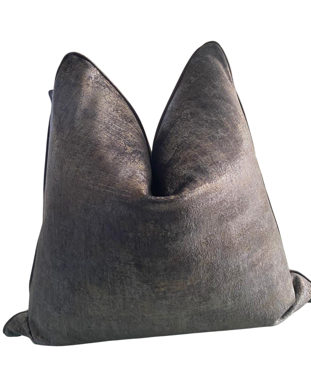 luxury scatter in luxe fabric in dirty grey gold tones. elegant piping detail on scatter cushion