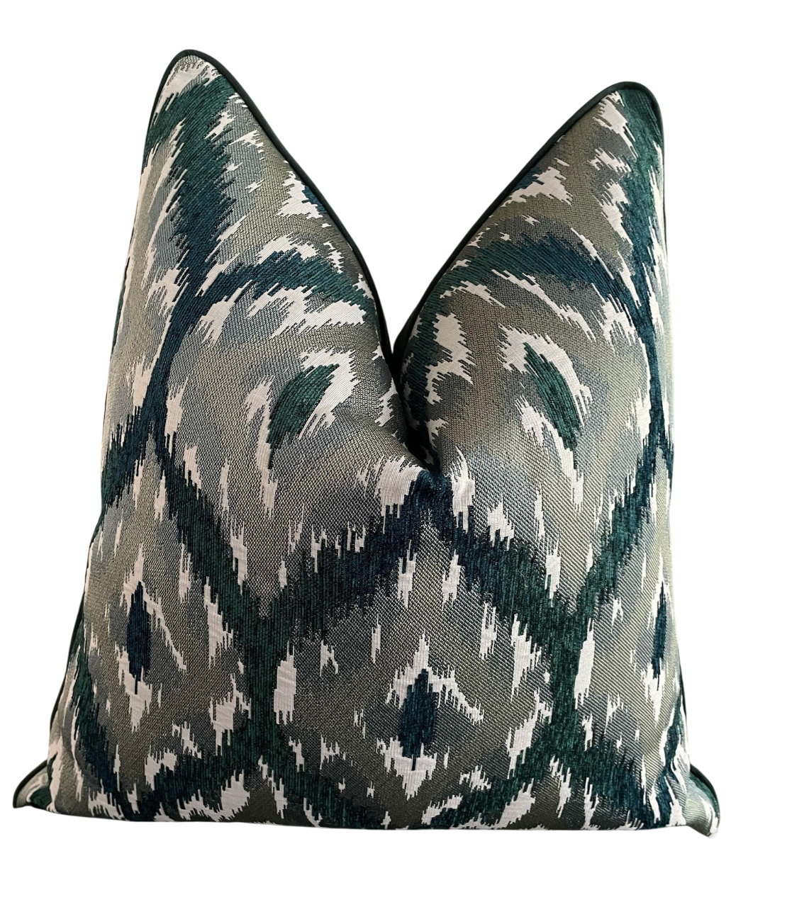 scatter cushion size 60x60 in green and natural tones. Designer scatter cushion with elegant piping detail