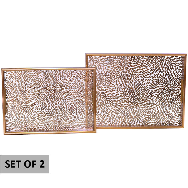 glass with gold motif decor tray and wood