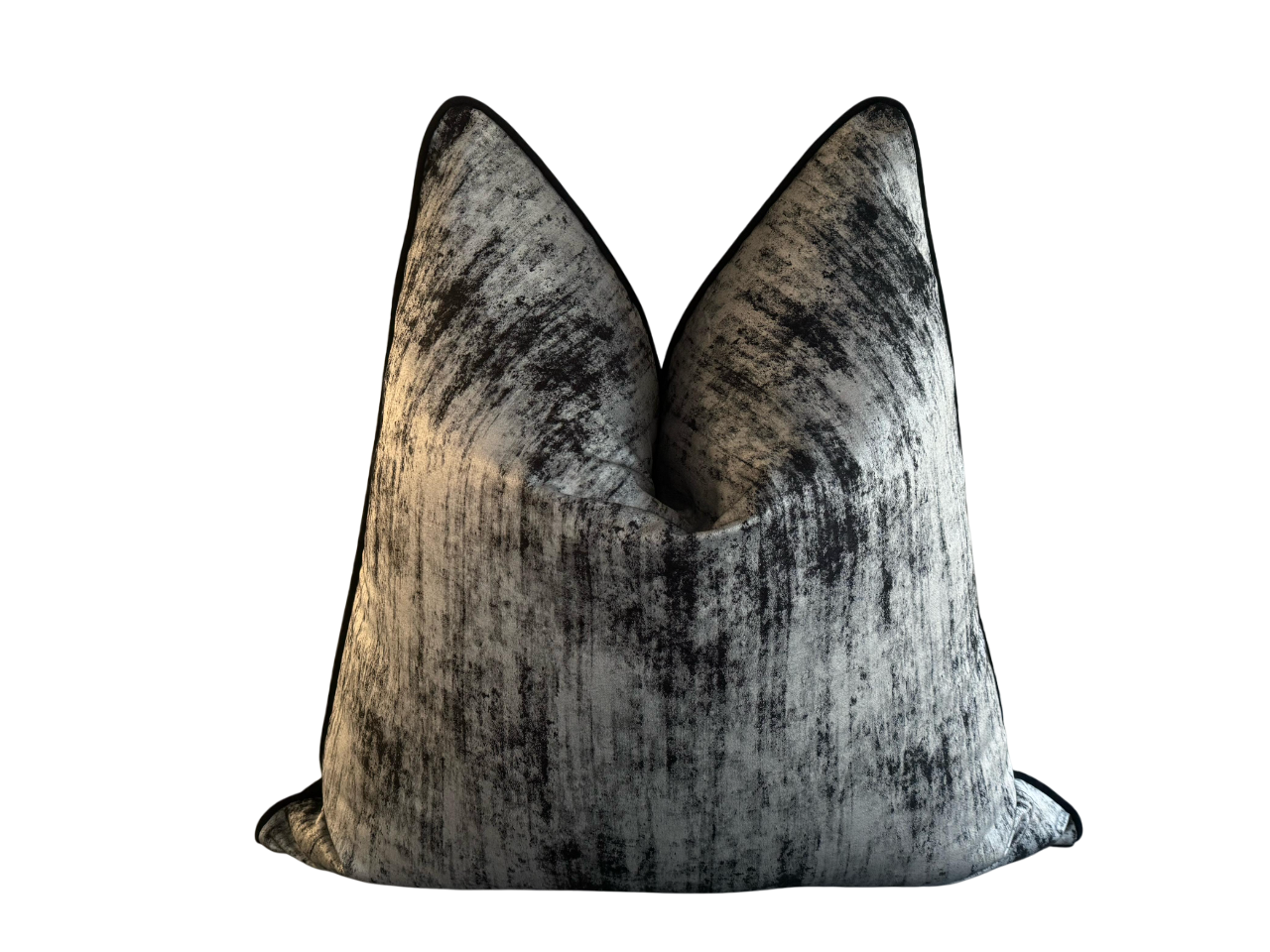 luxury scatter cushion in silver and black luxe fabric with elegant piping.