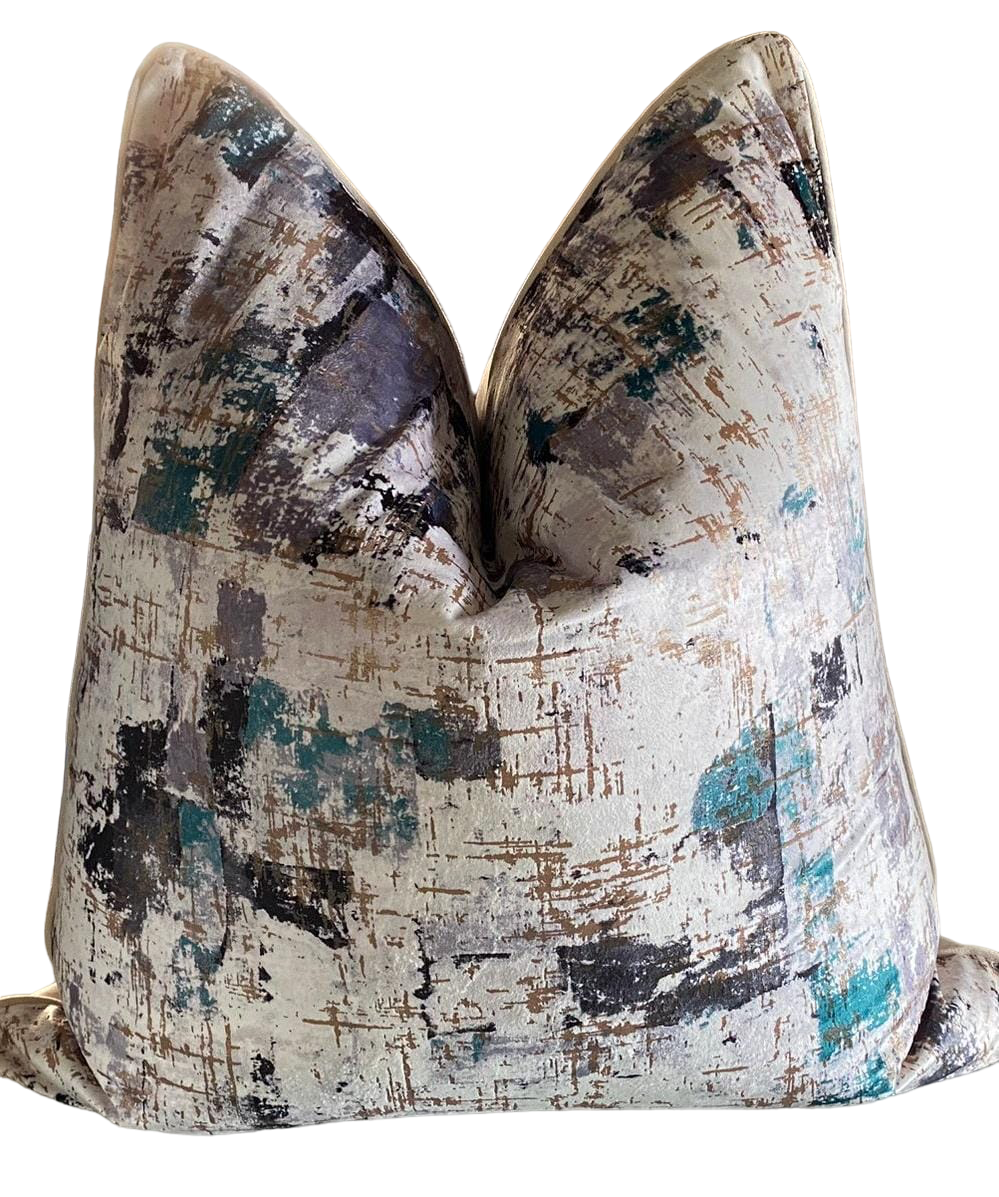luxury scatter cushion, soft fabric in natural brown and blue tones