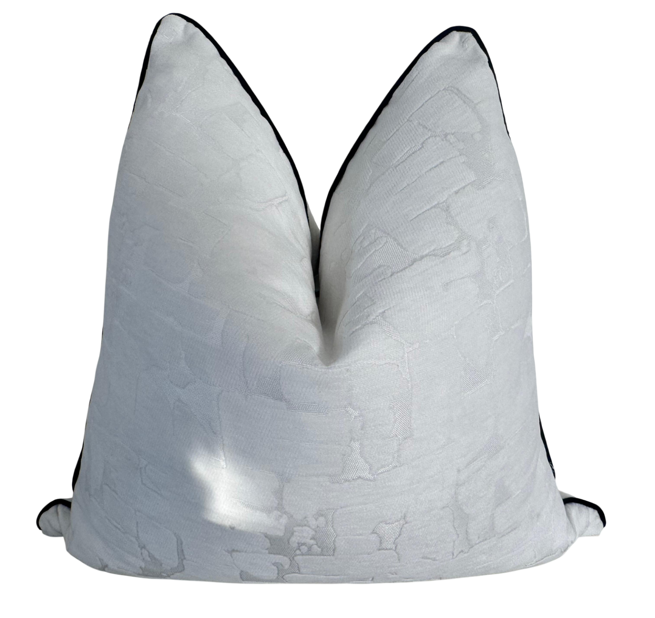 Opal scatter cushion in luxury white textured fabric and black piping